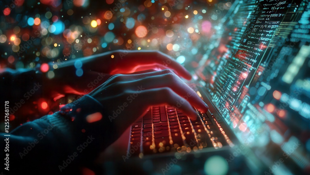 Poster hands typing on laptop keyboard with digital data streams and colorful light reflections creating a 