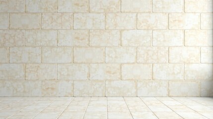 Fototapeta premium Empty Room with Light Beige Brick Wall and Matching Floor Tiles Featuring a Simple, Clean Design Ideal for Interior Design Projects