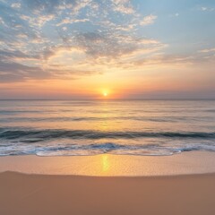Obraz premium Golden sunrise over a calm ocean, gentle waves kissing the sandy beach under a pastel sky -ai