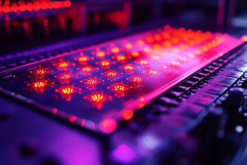Close-up of circuit board with bright neon lights and glowing components