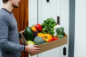A person carrying a box filled with fresh vegetables