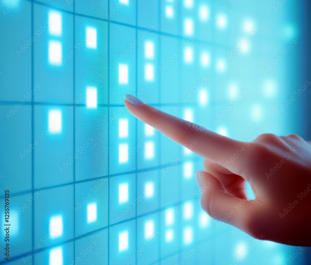 Poster futuristic touch interaction with interactive light wall display showing colorful led squares and di