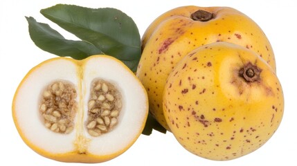 Fresh Yellow Tropical Fruit Sliced Open Revealing Juicy Seeds and Lush Green Leaves