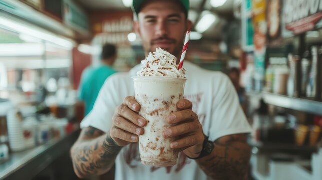 An eye-catching milkshake topped with whipped cream and colorful sprinkles, showcased by a smiling individual at a busy cafe, emphasizing the joy of sweet indulgences.