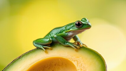 Green Tree Frog on Avocado Half Nature Wildlife Amphibian