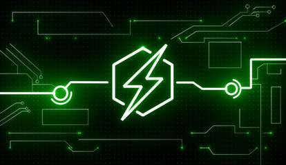 Abstract Green Technology background. Electronic Circuit board futuristic neon light with Electrical energy symbol. Concept of using clean energy, energy saving, renewable energy.