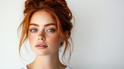 A stunning portrait of a redhead woman with freckles, radiating confidence and beauty, set against a clean backdrop that accentuates her natural features.