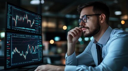 Future of Finance: Financial Analyst Analyzing Stock Trends with AI Avatar and Glowing Data Projections