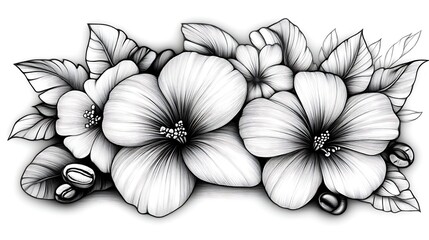 Detailed Line Drawing of Hibiscus Flowers and Coffee Beans