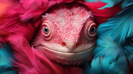 A pink lizard is surrounded by vivid feathers, creating a striking visual contrast that symbolizes uniqueness and creativity in nature.