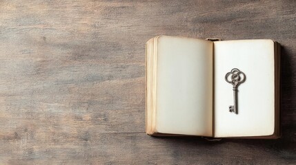 Open Book With Vintage Key On Wooden Table