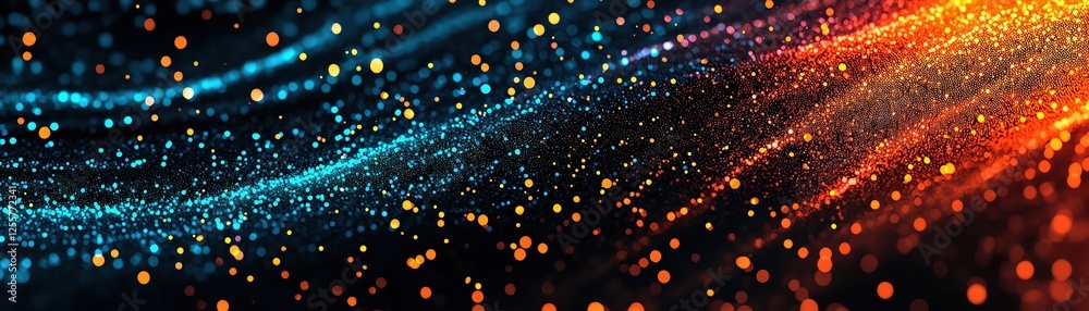 Poster abstract glowing particles create a vibrant flowing background of color and light.