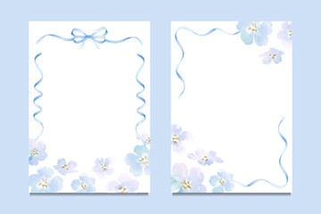 Floral frame templates with blue watercolor flowers and ribbon decorations on white background. Design for invitation, greeting card, and postcard