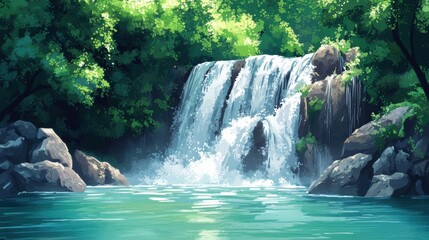A serene waterfall cascading into a tranquil pool, surrounded by lush greenery and natural rocks.