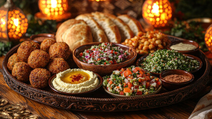 Middle Eastern mezze platter with pita, hummus, falafel, and salads on a festive table