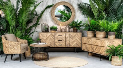 Modern Interior Design Featuring Natural Wood Furniture and Lush Green Plants in Contemporary Setting