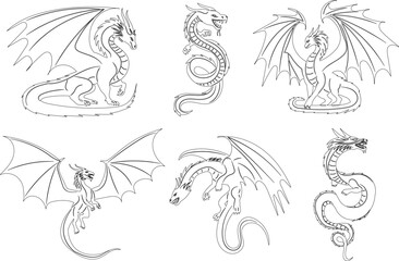 dragons set sketch on white background vector