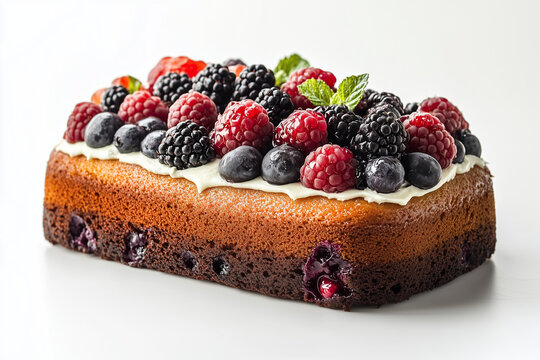 Mixed berry cake with sugar icing isolated on white background, Selective focus red and ripe mixed berry cake with raspberry, strawberry and blueberry.