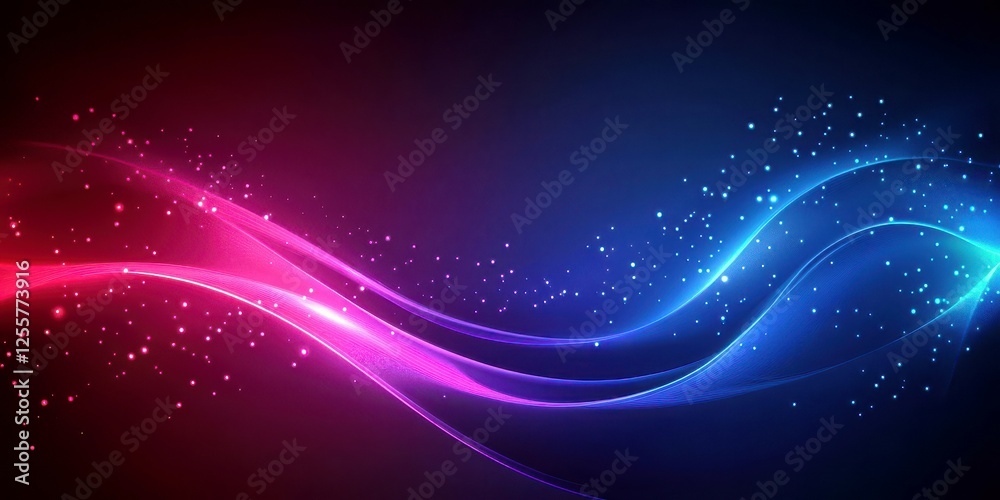 Poster abstract waves of vibrant red and blue light with sparkling particles creating a dynamic background 