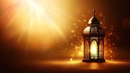 Fototapeta premium Ornate Lantern Glowing Warmly Against a Soft Golden Background With Sparkles and Light Rays