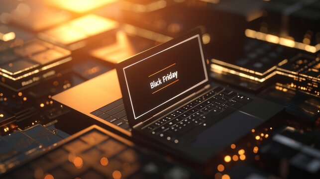 AI-generated image of a sleek black laptop displaying Black Friday text, surrounded by golden circuitry and ambient lighting. Perfect for promotions or tech themes.