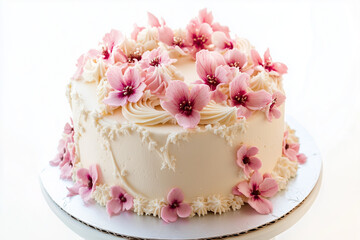 Selective focus cake isolated on white background, Fancy decoration cake, Birthday cake, Valentine cake with pink theme, Wedding cake with flower and ring.