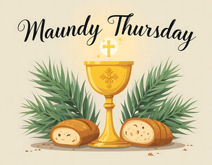 Maundy Thursday Illustration with Chalice Bread and Palm Leaves