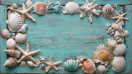 Artistic Arrangement of Tropical Seashells on Wood