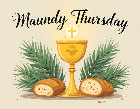 Maundy Thursday Illustration with Chalice Bread and Palm Leaves