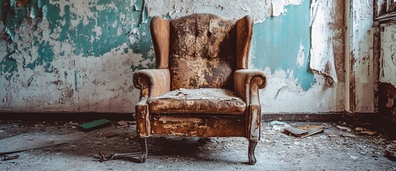 Vintage armchair in abandoned room with peeling walls and debris