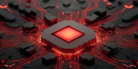 Cryptocurrency tokens secure concept. Futuristic microchip with glowing red accents and intricate circuit patterns.