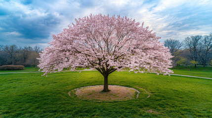 Obraz premium A beautiful cherry blossom tree in full bloom stands majestically in a lush green park