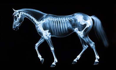 X-ray image of a walking horse skeleton on black background
