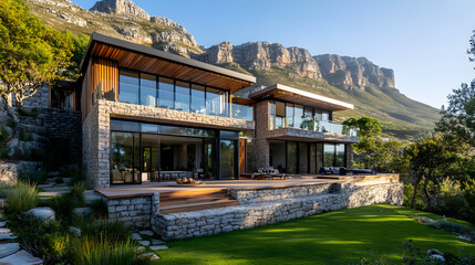 Obraz premium A contemporary mountain residence with terraces carved into the hillside blending seamlessly with natural stone and wood.