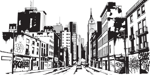 City landscape. Line urban backdrop. Different buildings on street, outline cityscape hand sketch, flat houses. Hand drawn vector illustration