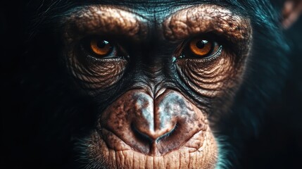 This striking image captures a close-up of a chimpanzee's face, emphasizing its expressive eyes and detailed facial features, showcasing the majesty of wildlife.