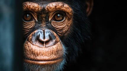 This striking image features a pensive ape illuminated in shadows, highlighting its thoughtful expression and creating an atmosphere of mystery and introspection.