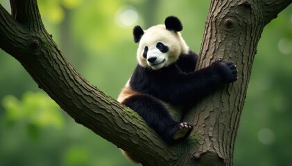 Obraz premium Large panda gripping tree branch, showcasing powerful legs , forest, fur, wild