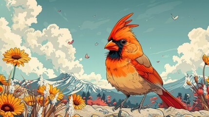 A vibrant cardinal bird stands amidst flowers and mountains, showcasing nature's beauty.