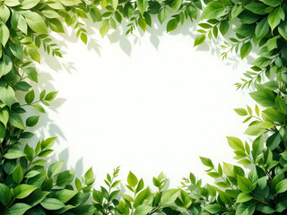 Fototapeta premium A natural frame of lush green leaves surrounding a softly glowing background. A fresh and serene tropical vibe, perfect for nature-themed and organic designs.