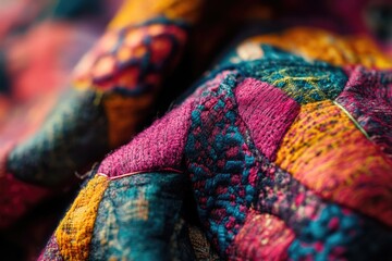 A close-up shot of a vibrant blanket featuring colorful buttons