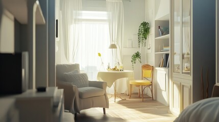 Fototapeta premium Elegant and Serene Living Room Interior with Soft Natural Light