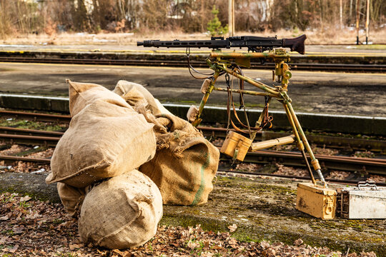 Historical reconstruction. German World War II infantry  position with Mg42 machine gun and ammunition boxes.  