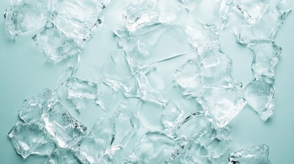 Obraz premium The image portrays an artistic display of fragmented ice pieces, showcasing intricate patterns and reflections against a soft background that conveys a sense of fluidity.