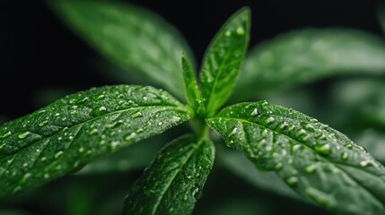 Close-up view of fresh green leaves adorned with tiny droplets of water, symbolizing vitality, growth, and the beauty of nature in perfect detail.