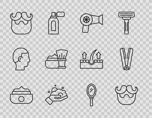 Set line Gel or wax for hair styling, Mustache and beard, Hair dryer, Shaving foam on hand, brush with, Hand mirror and Curling iron icon. Vector