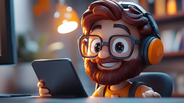 Business professional using a tablet to provide customer support, 3D cartoon style
