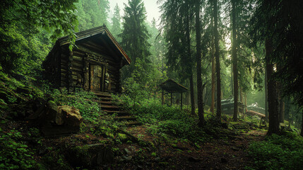 Serene forest scene featuring rustic log cabins surrounded by lush greenery and misty atmosphere