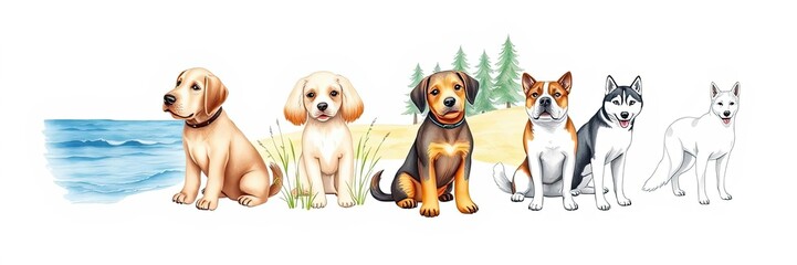 Adorable Dog Breed Portraits Labrador Cocker Spaniel Beagle Siberian Husky and White Swiss Shepherd