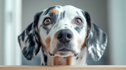 A captivating close-up of a dog with striking markings, showcasing expressive eyes and a thoughtful demeanor that evokes warmth and companionship in a cozy environment.